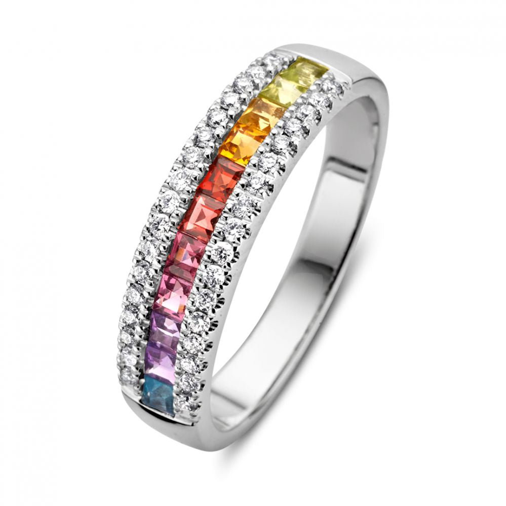 Anillo de oro blanco de 14 quilates con piedras preciosas en tonos arcoíris y diamantes brillantes.