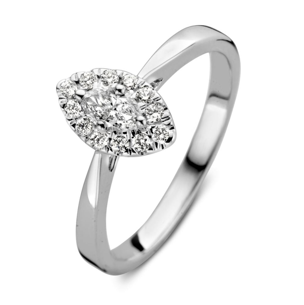 Anillo de oro blanco para dama con diamante marquise en engaste de entourage de 0,34 crt.
