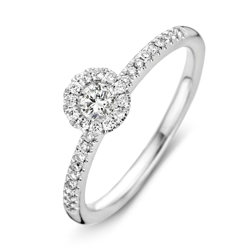 Anillo de oro blanco con diamante central y detalles sutiles, 0,35 crt.