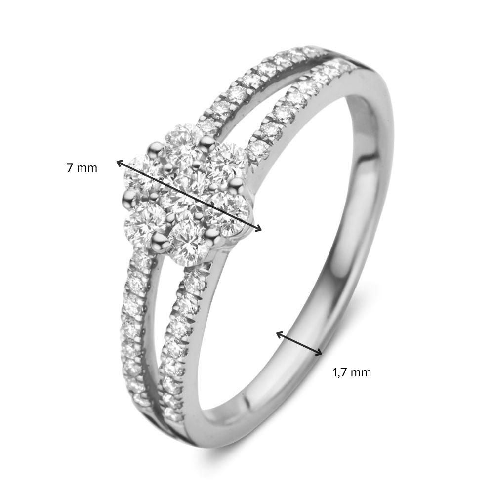 Anillo elegante de oro blanco con brillante en entorno cuadrado y diamantes flotantes 0.55 crt.