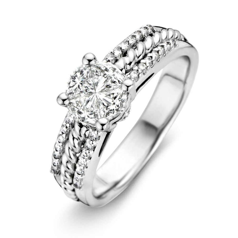 Anillo de oro blanco de 14K con diamante brillante de 0.88 quilates y banda trenzada.