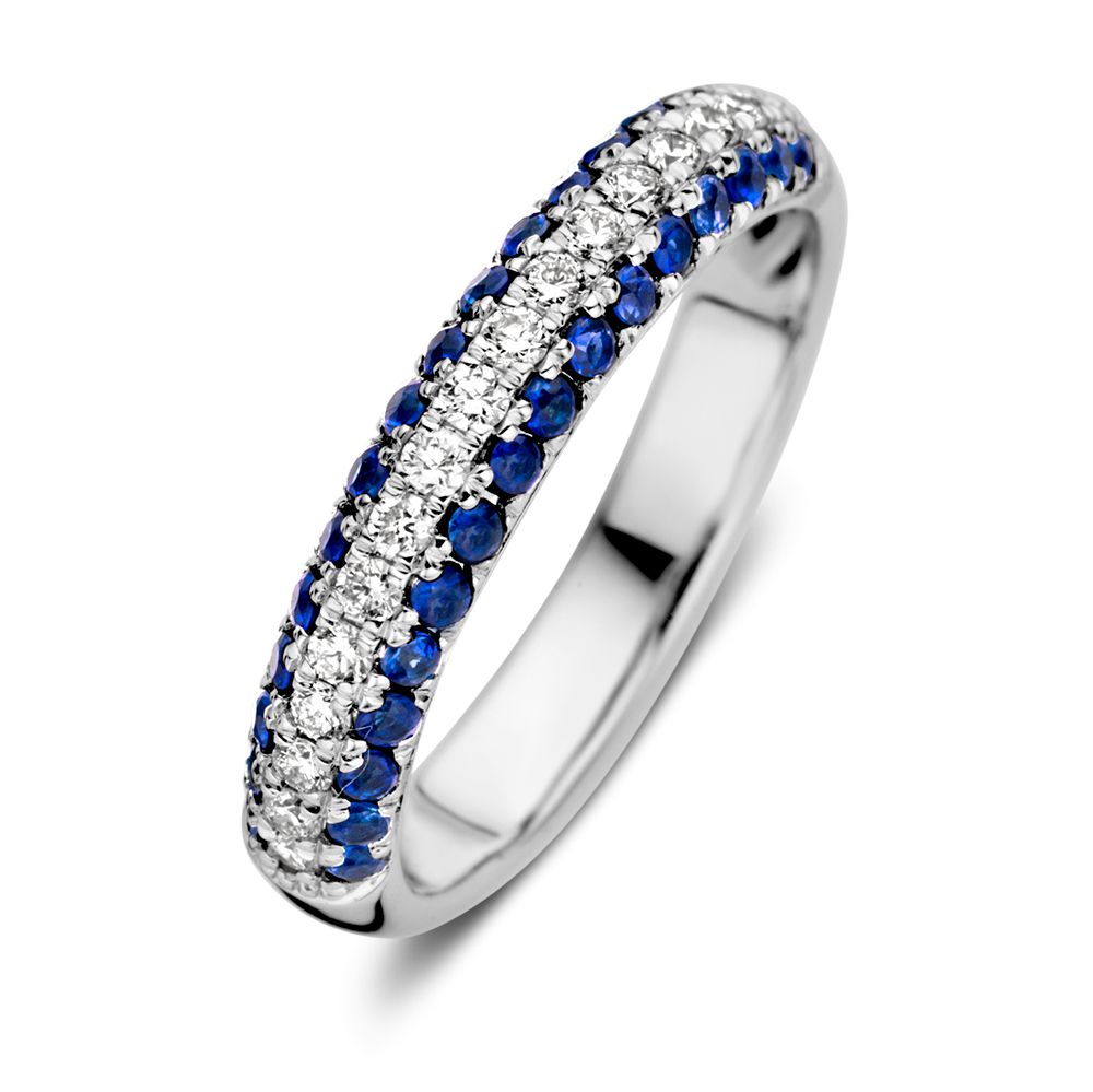 Anillo de oro blanco para dama con brillantes y zafiros en engaste pavé.