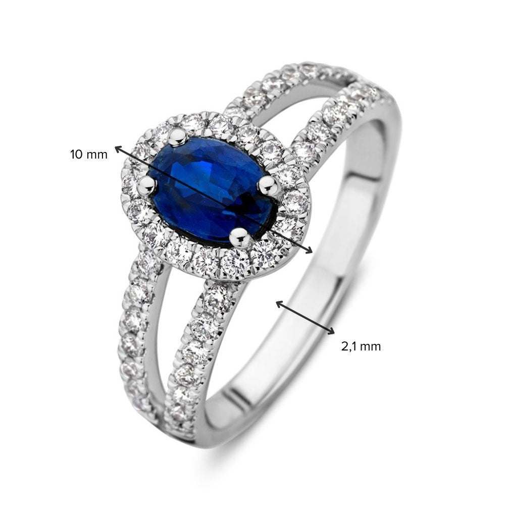 Anillo de oro blanco con zafiro azul ovalado, entourage de diamantes, 14 quilates, 1.02 crt de zafiro, 0.50 crt de diamantes