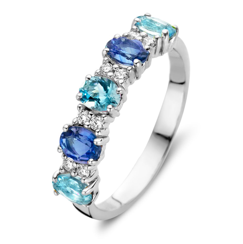 Anillo de oro blanco de 18 quilates con zafiros ovalados, aguamarinas y diamantes de 0.12 ct.