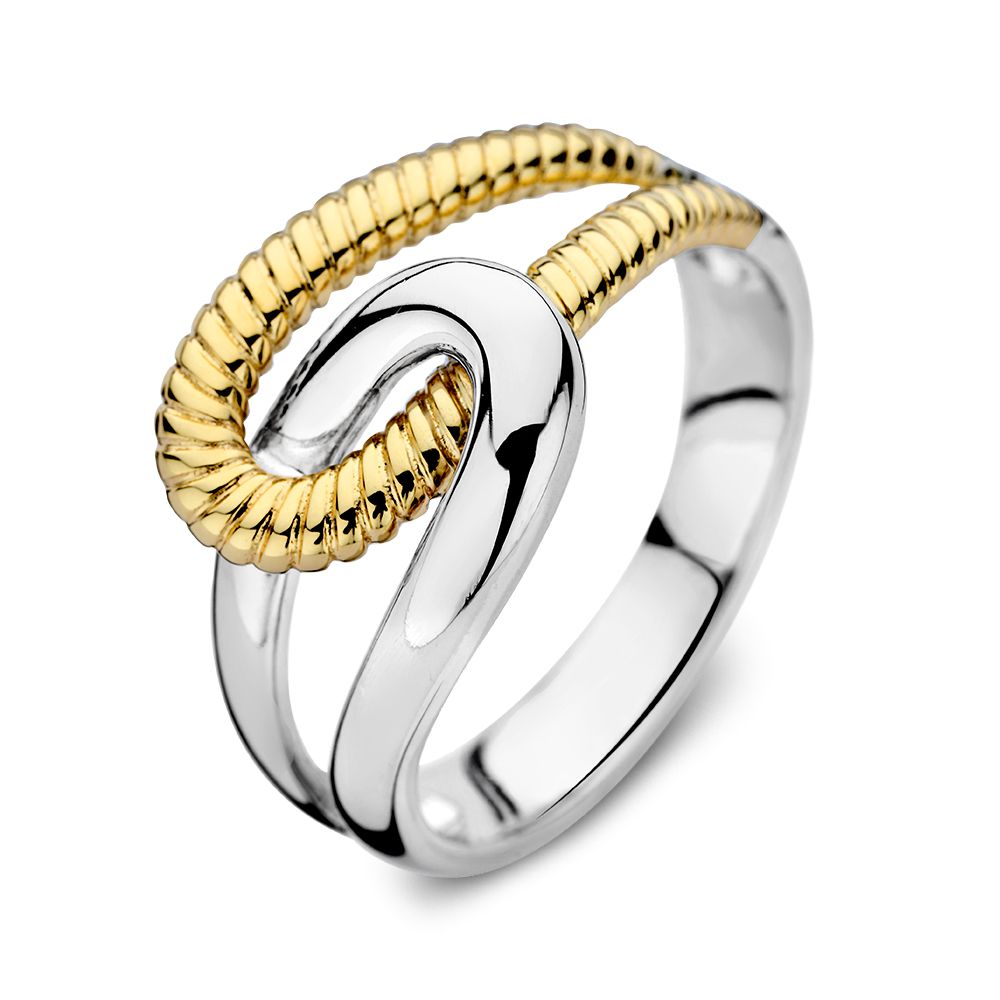 Anillo de dama en plata con banda dorada trenzada de 14 quilates.