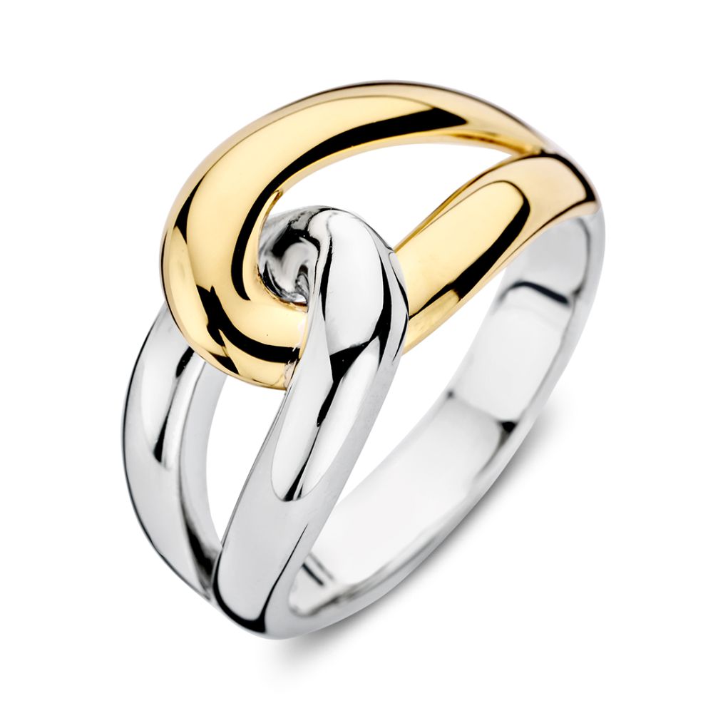 Anillo de dama en plata con detalle en oro de 14 quilates, diseño de eslabones entrelazados.
