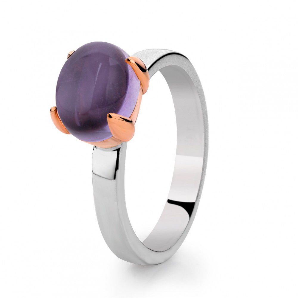 Anillo de plata rodiada con engaste de oro rosa de 14 quilates y amatista púrpura.