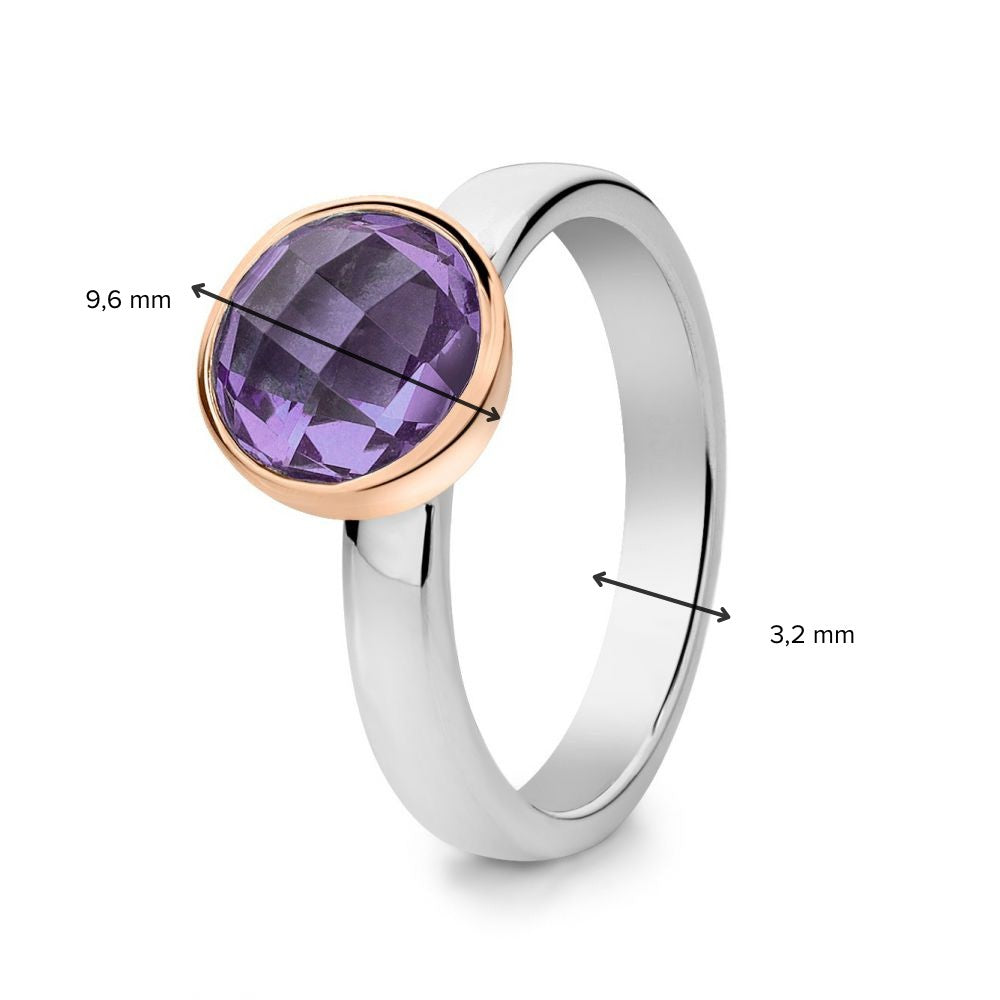 Anillo de mujer de plata rodiada con engaste de oro rosa de 14 quilates y amatista morada facetada – Dahlia