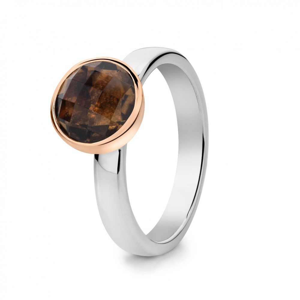Anillo de plata rodiada con engaste de oro rosa de 14 quilates y cuarzo ahumado facetado.