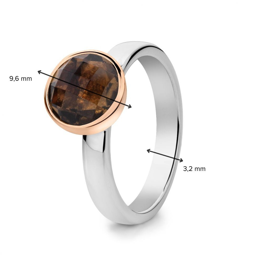 Anillo de mujer de plata rodiada con engaste de oro rosa de 14 quilates y cuarzo ahumado facetado – Girasole