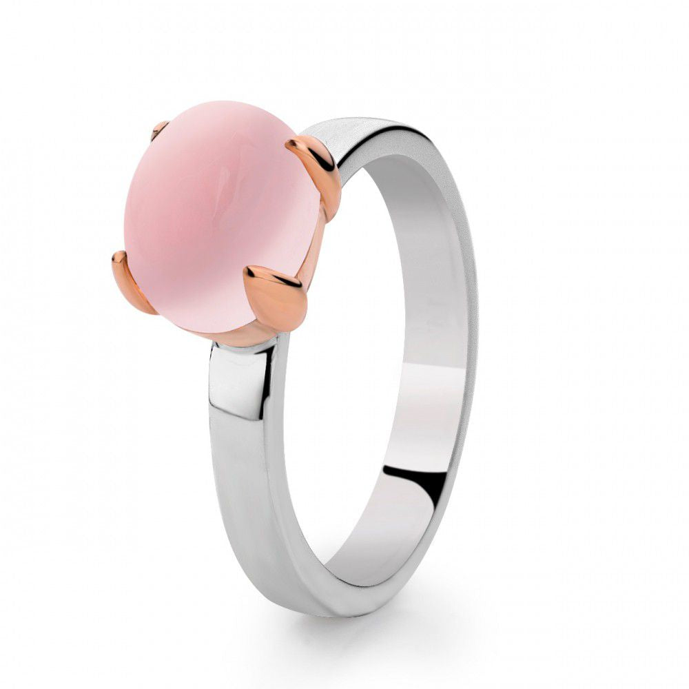 Anillo de plata rodiada para dama con engaste de oro rosado de 14 quilates y cuarzo rosa.