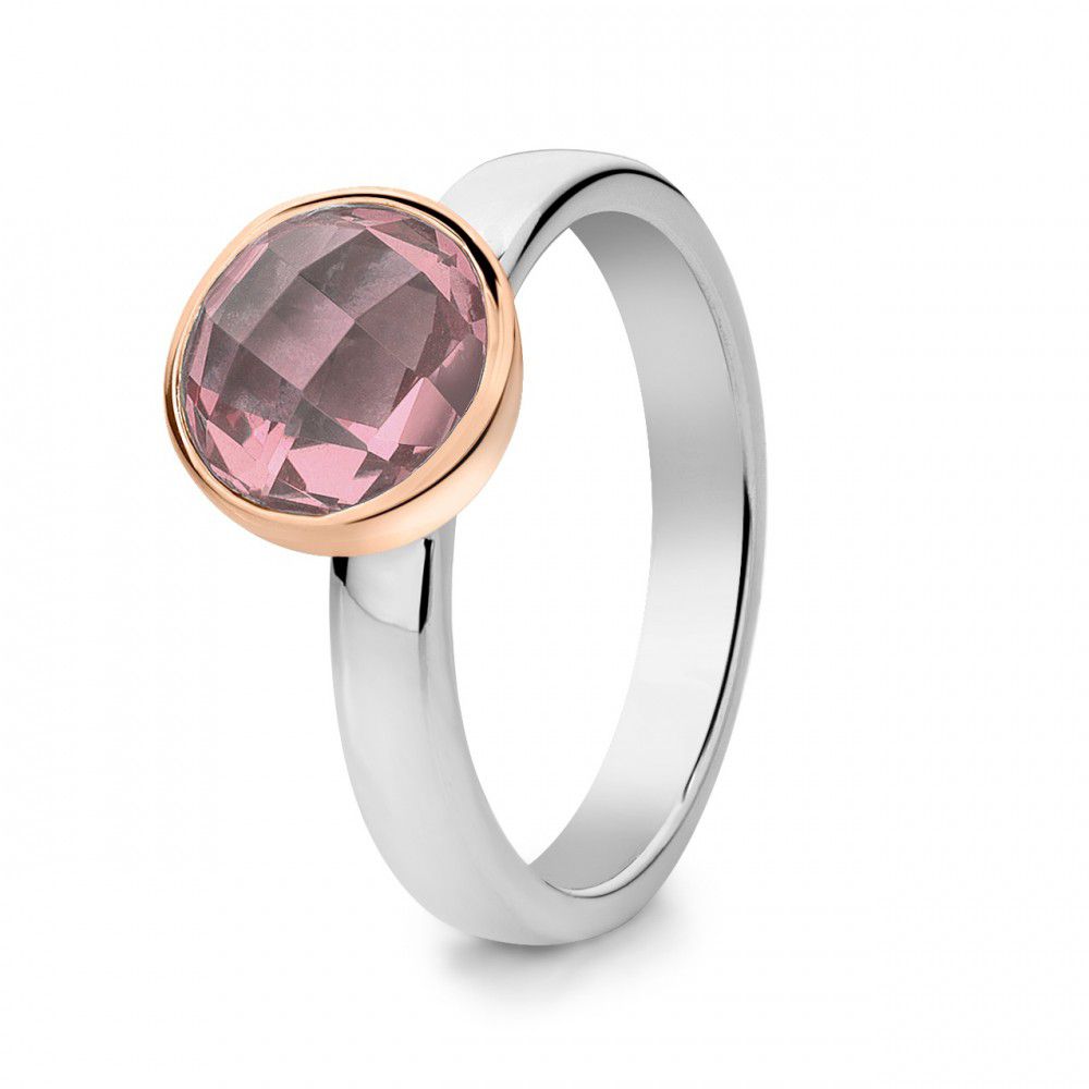 Anillo de plata rodiada para dama con engaste de oro rosa de 14 quilates y cuarzo rosa facetado.