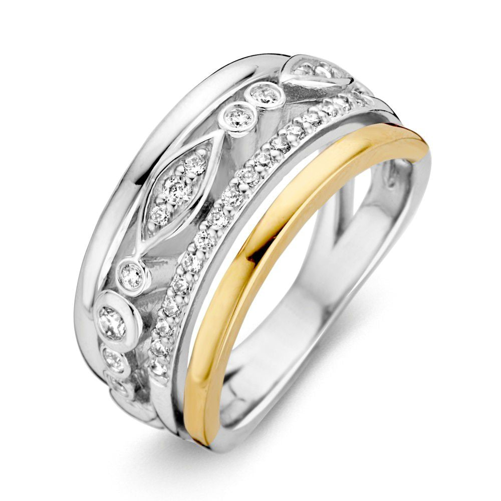 Anillo de dama de plata rodiada con detalles en oro de 14 quilates y circonitas.