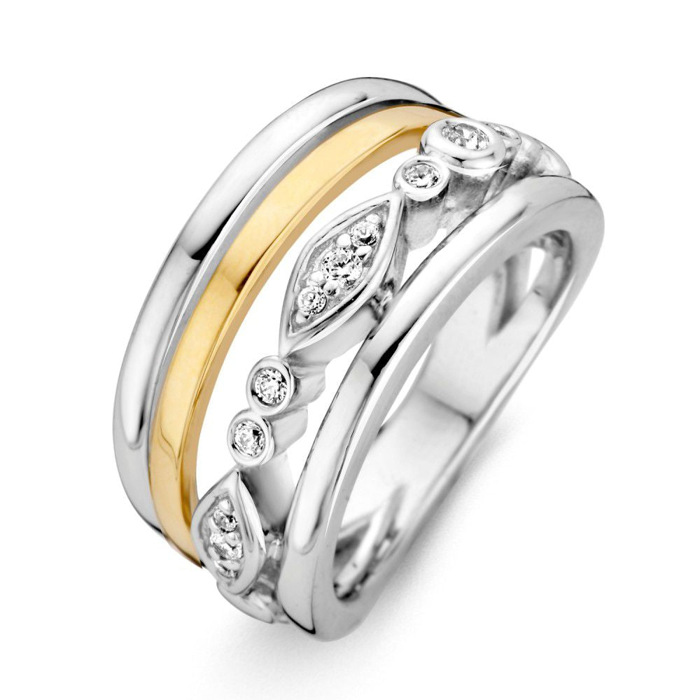 Anillo de dama de plata con banda de oro amarillo de 14 quilates y circonitas.