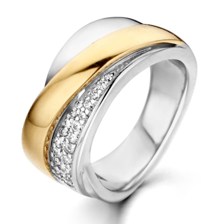 Anillo de dama plateado con banda de oro amarillo de 14 quilates y circonitas.