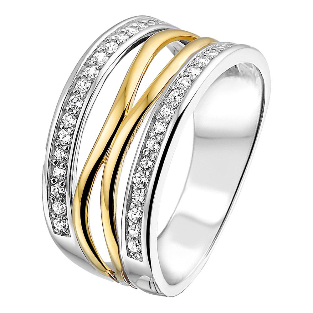 Anillo de dama plateado con engaste de oro amarillo de 14 quilates y circonitas blancas.