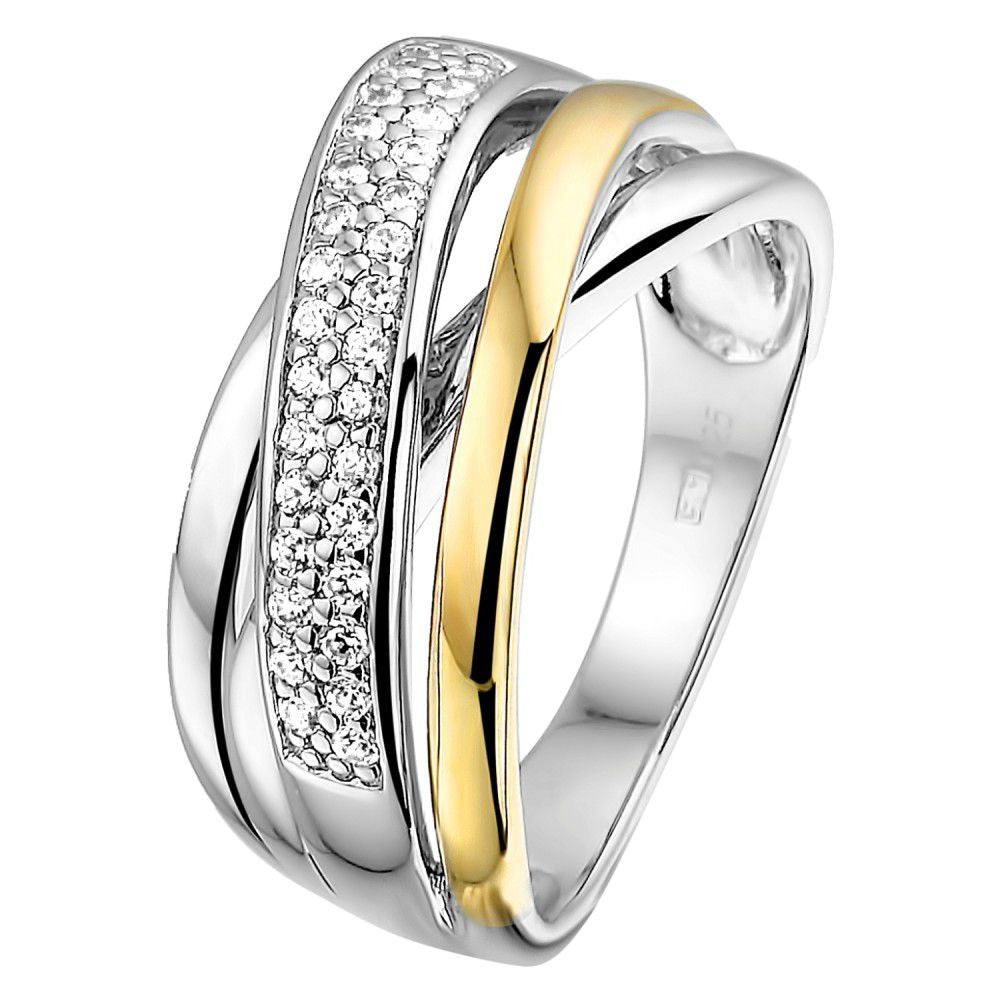 Anillo de dama en plata con engaste de oro amarillo de 14 quilates y circonitas, diseño refinado.