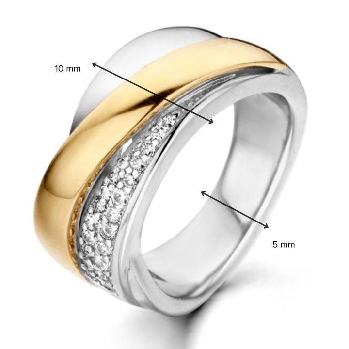 De Excellent Jewelry Zilveren Damesring met 14 Karaat Goud en Zirkonia's - Geelgoud heeft een tweekleurige band van 5 mm, een top van 10 mm en fonkelende zirkonia stenen voor een moderne, elegante look.