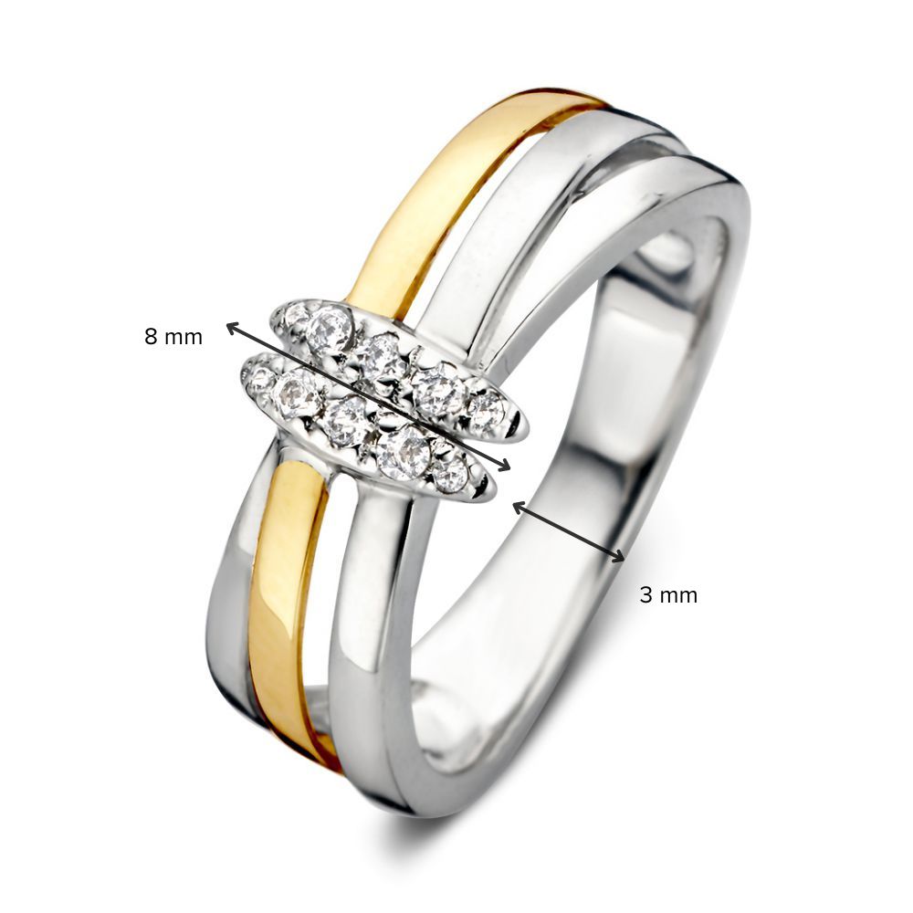 De Excellent Jewelry Gerhodineerde Zilveren Damesring met 14 Karaat Geel Goud en Zirkonia is tweekleurig, heeft clusters van ronde witte zirkonia, een 8 mm brede zetting en een bandbreedte van 3 mm.