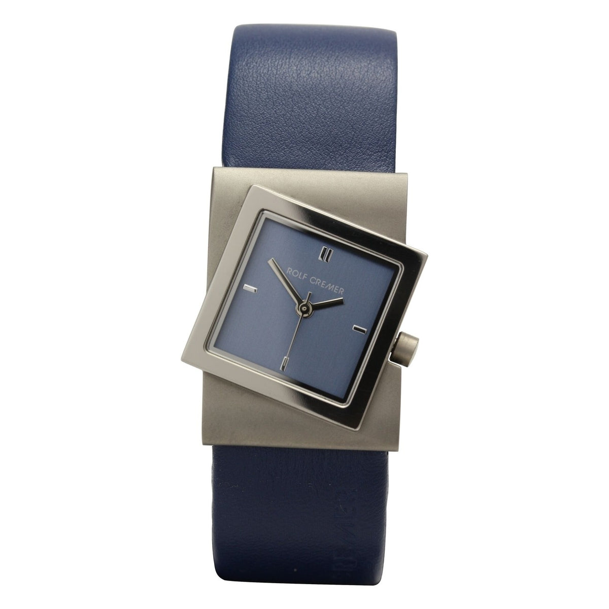 Reloj cuadrado con esfera azul y correa de cuero azul.