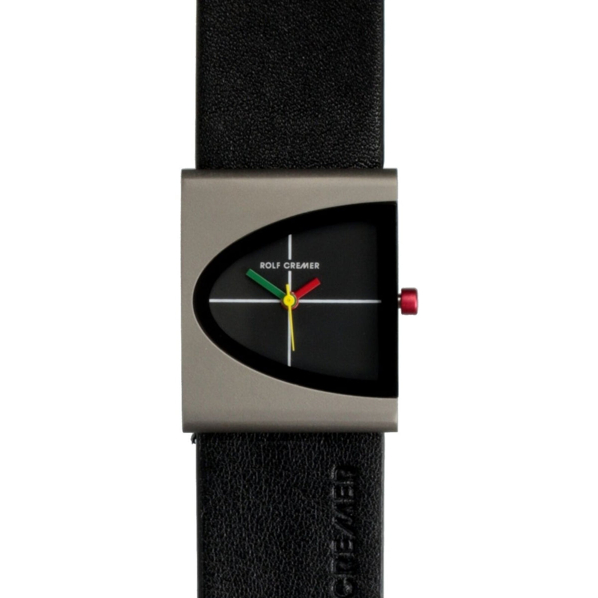 Reloj rectangular con caja gris, esfera negra y correa de cuero negra.
