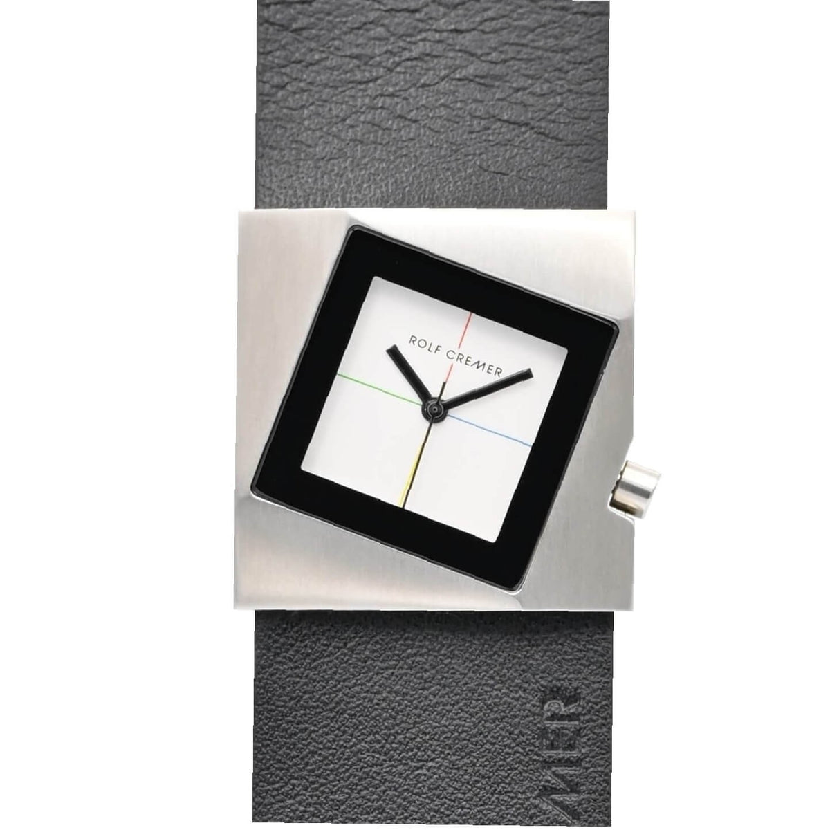 Reloj cuadrado de acero inoxidable con esfera blanca y correa de cuero negra.