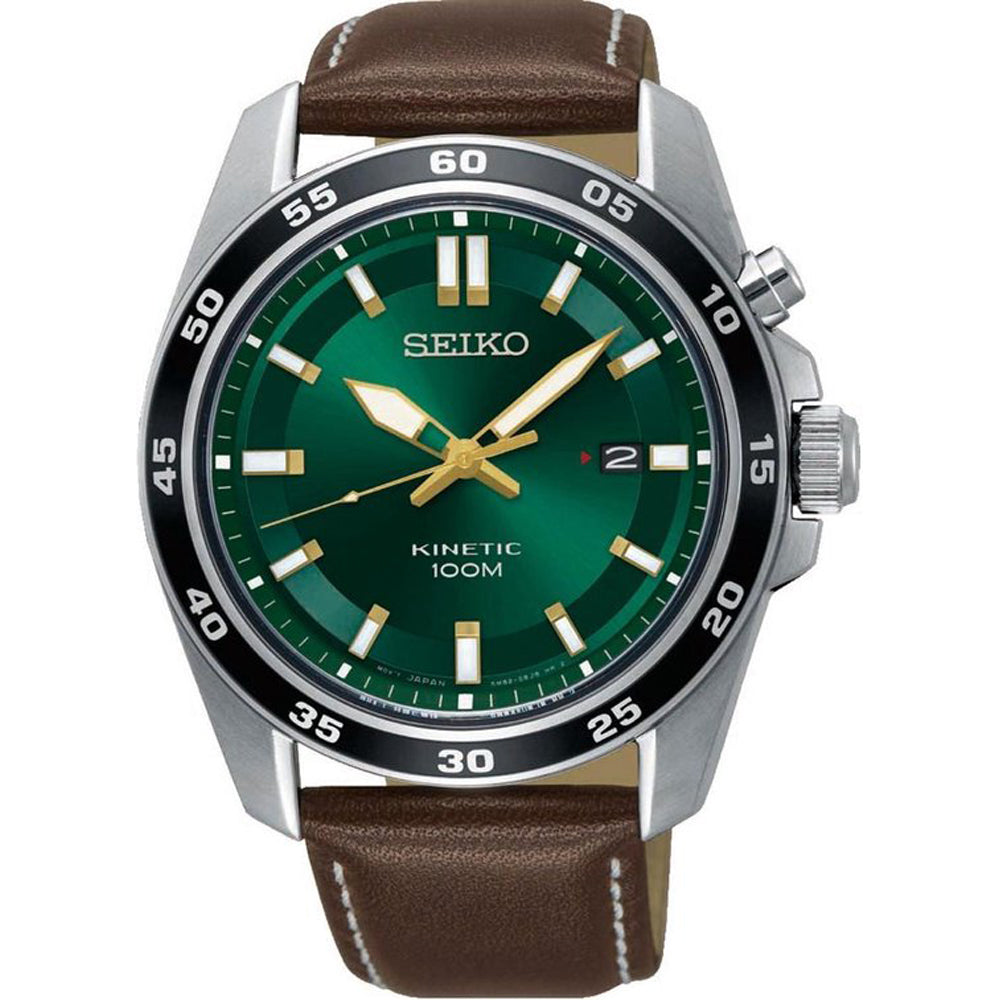 Reloj de hombre Seiko con esfera verde, correa de cuero marrón y detalles en acero inoxidable.
