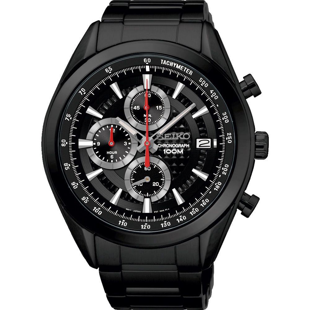 Reloj de hombre Seiko con caja negra, esfera negra y detalles rojos, cronógrafo y correa de acero.