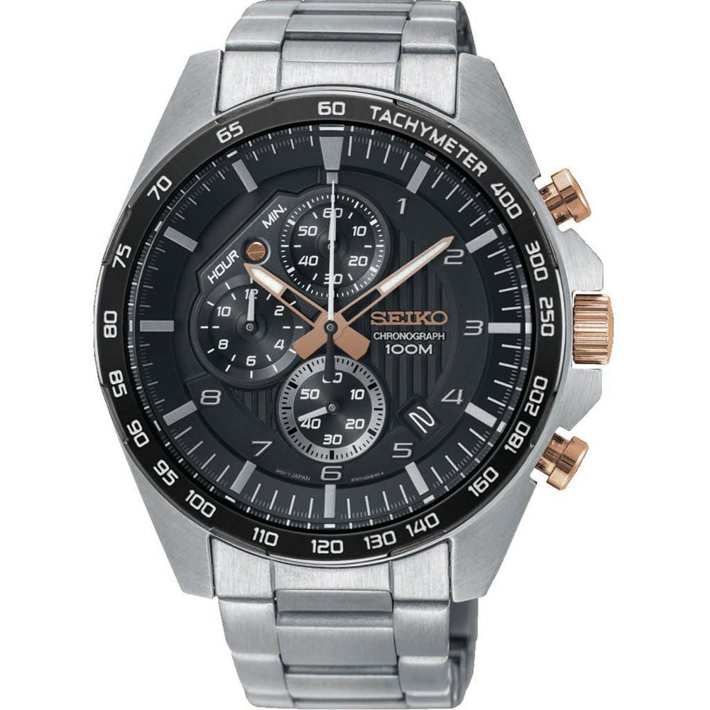 Reloj de hombre Seiko con esfera negra, correa de acero inoxidable y detalles en rosa.