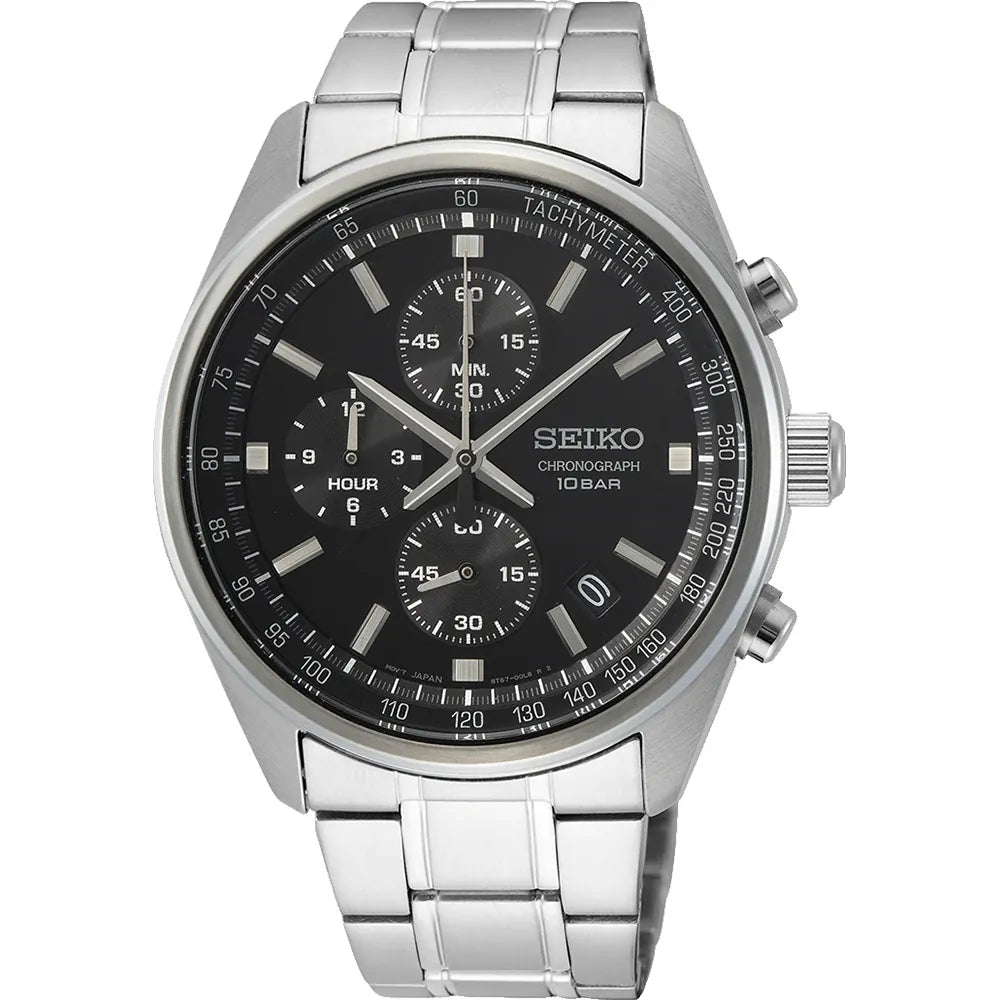 De Seiko heren horloge SSB379P1 heeft een zilverkleurige roestvrijstalen kast, zwarte wijzerplaat met zilverkleurige uurmarkeringen, drie subdials, tachymeter schaal en het Seiko logo plus 10 BAR waterbestendigheid tekst.