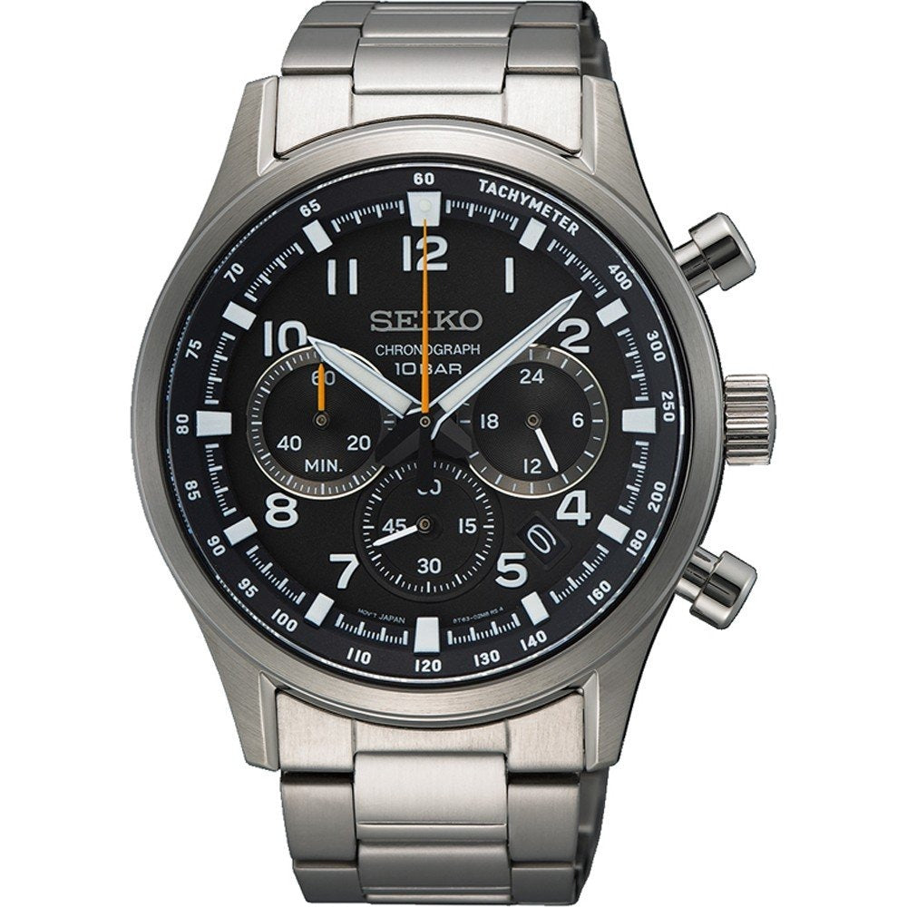 Reloj de hombre Seiko con esfera negra, correa de acero inoxidable y cronógrafo.