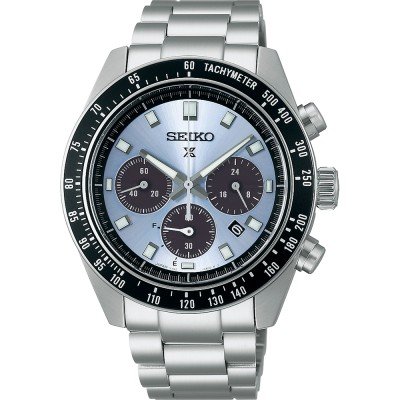 Reloj de hombre Seiko Prospex con esfera plateada, cronógrafo, bisel negro y pulsera de acero inoxidable.