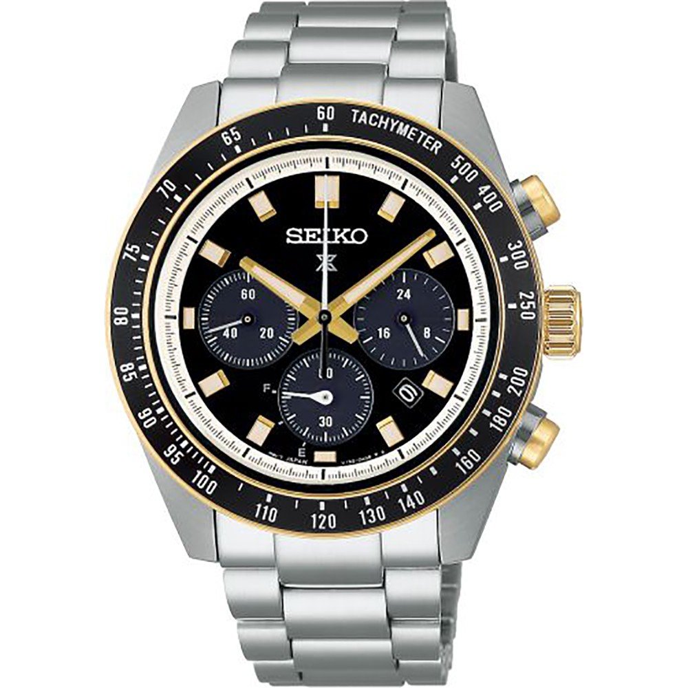 Reloj de hombre Seiko Prospex con caja plateada, esfera negra y detalles dorados, cronógrafo y correa de acero.