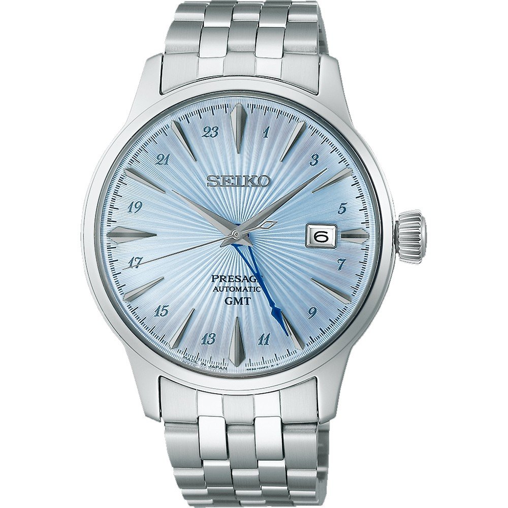 Reloj de hombre Seiko Presage con esfera azul clara, caja plateada y correa de acero inoxidable.