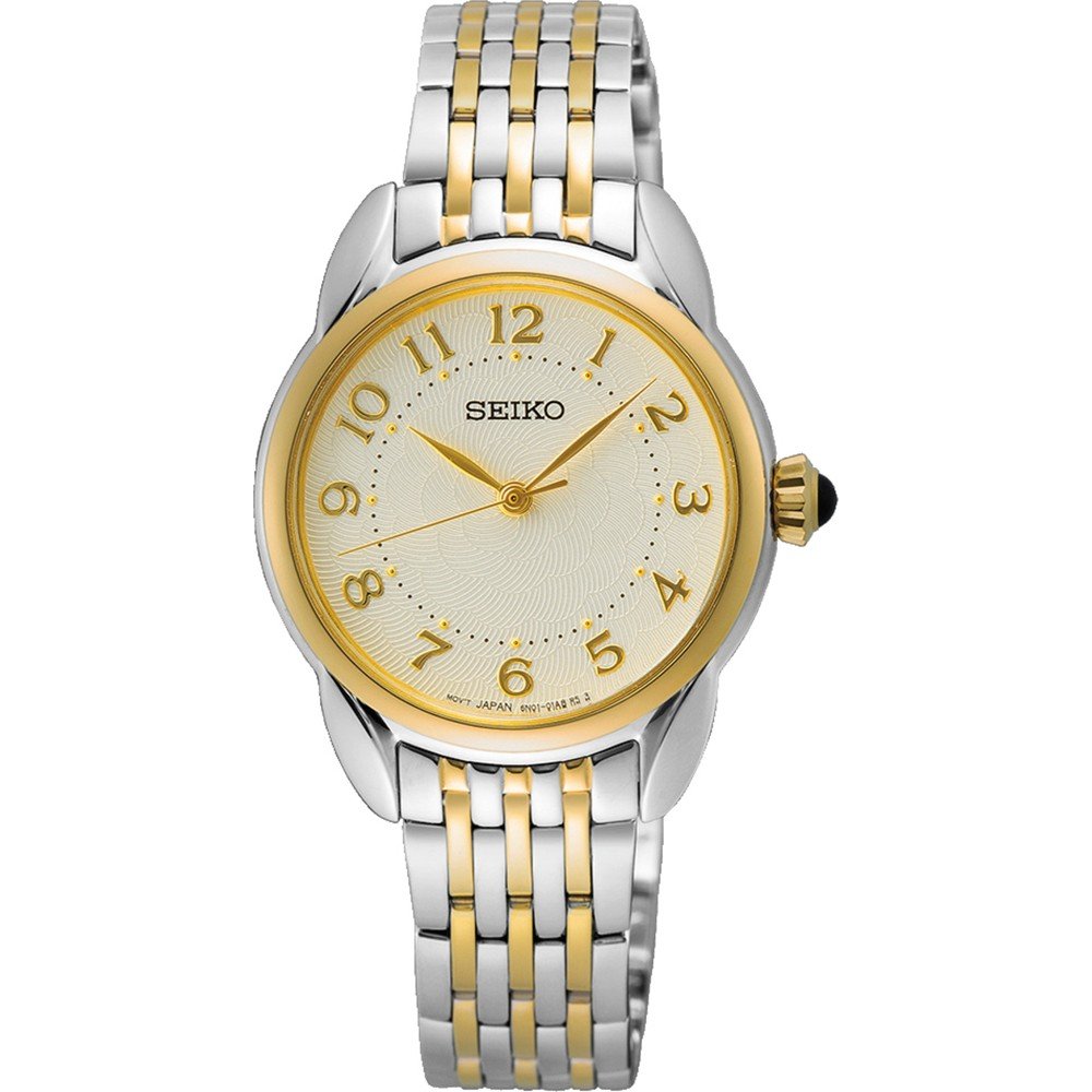 Reloj de dama Seiko con esfera dorada, caja de acero inoxidable y pulsera bicolor.