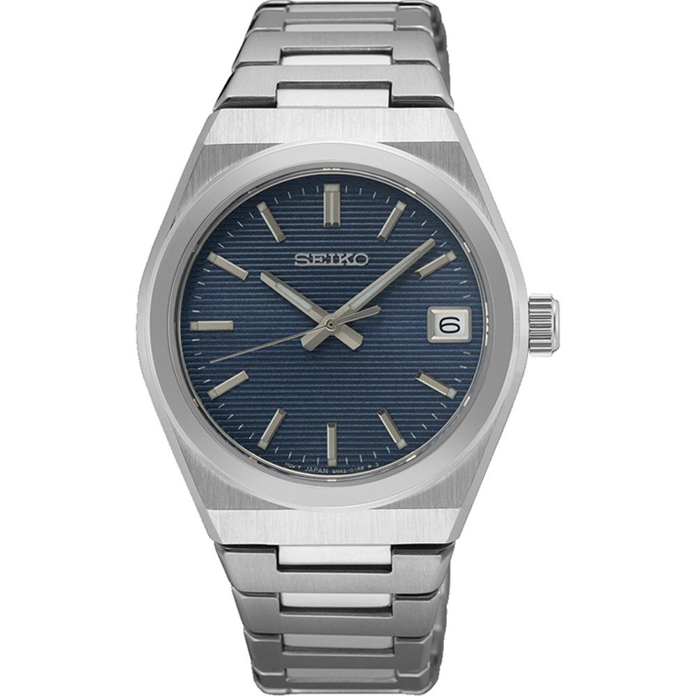 Reloj conceptual Seiko con caja de acero inoxidable, esfera azul y correa de acero.