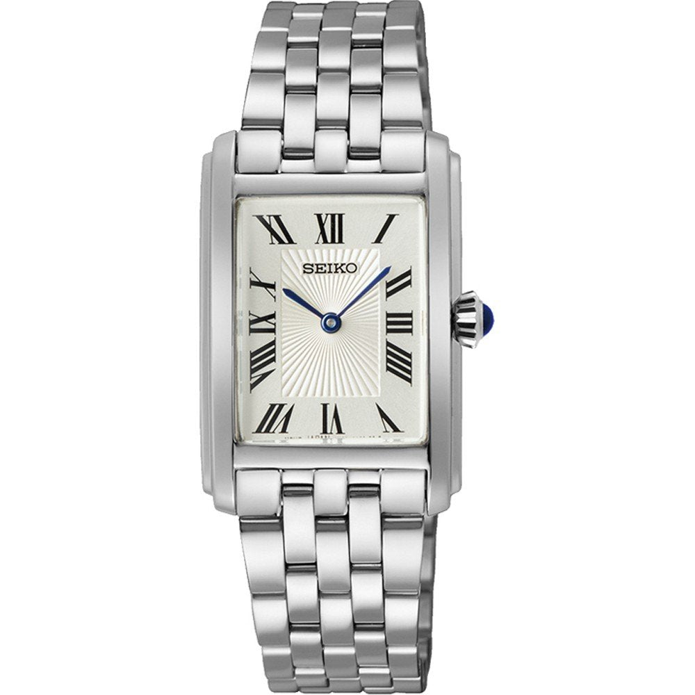 Reloj de dama Seiko con caja rectangular plateada, esfera clara y números romanos, correa de eslabones.