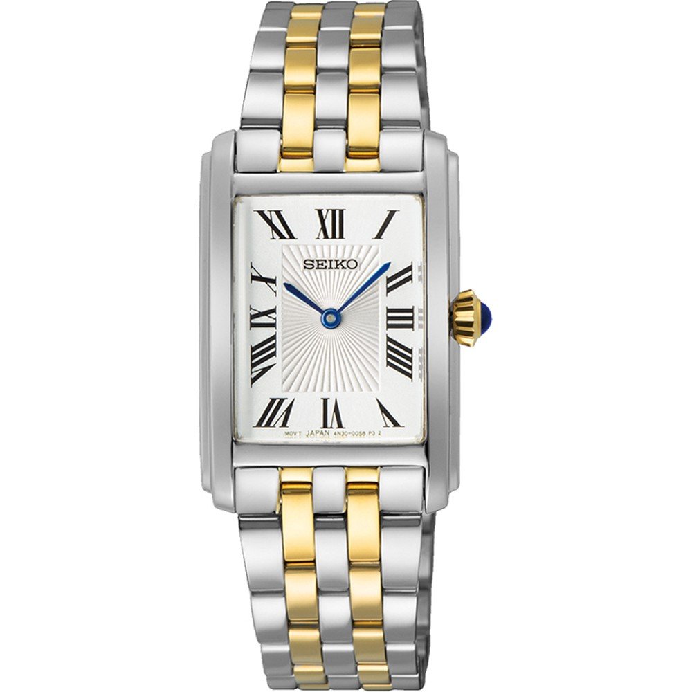 Reloj de dama Seiko con caja rectangular, esfera blanca, números romanos y pulsera bicolor de acero y oro.