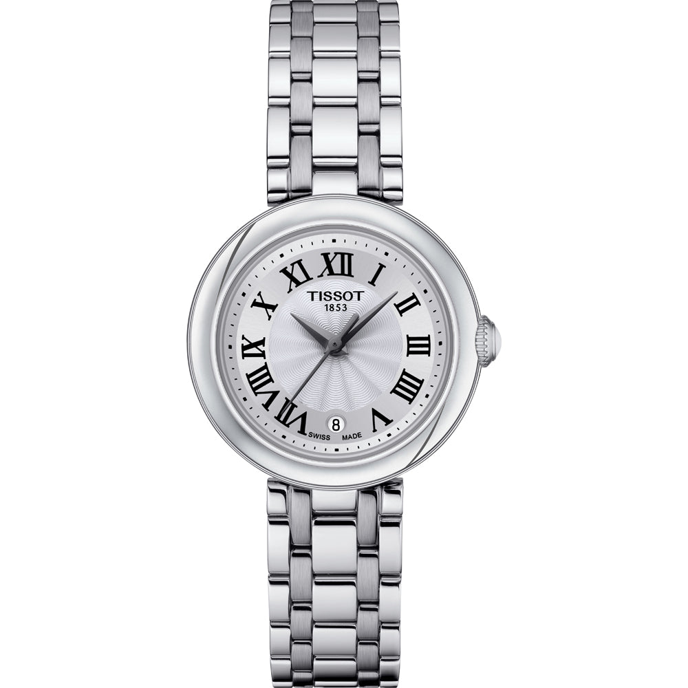 Reloj de mujer Tissot Bellissima con esfera plateada, números romanos y correa de acero inoxidable.