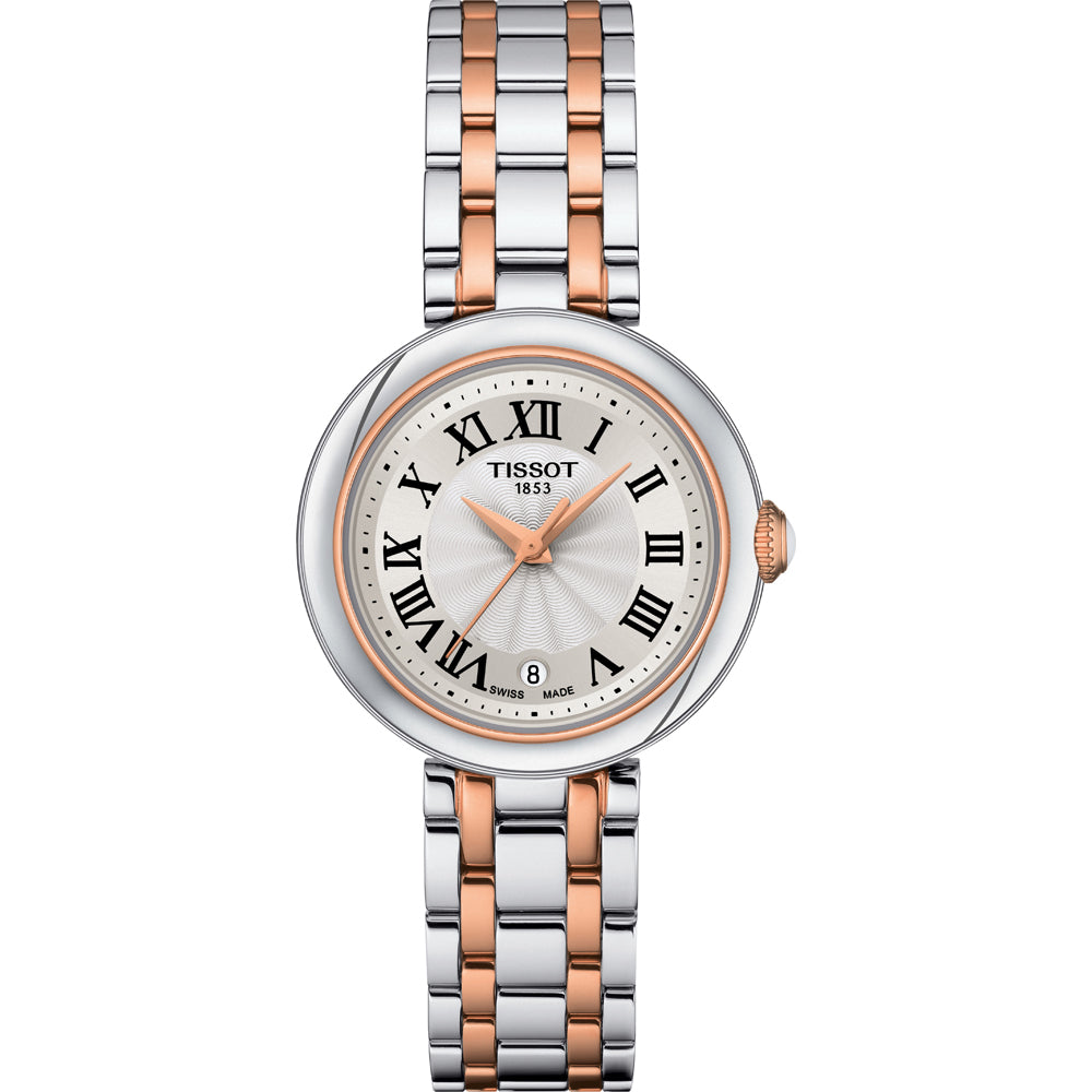 Reloj de mujer Tissot Bellissima con esfera plateada, números romanos y pulsera bicolor de acero y oro rosa.