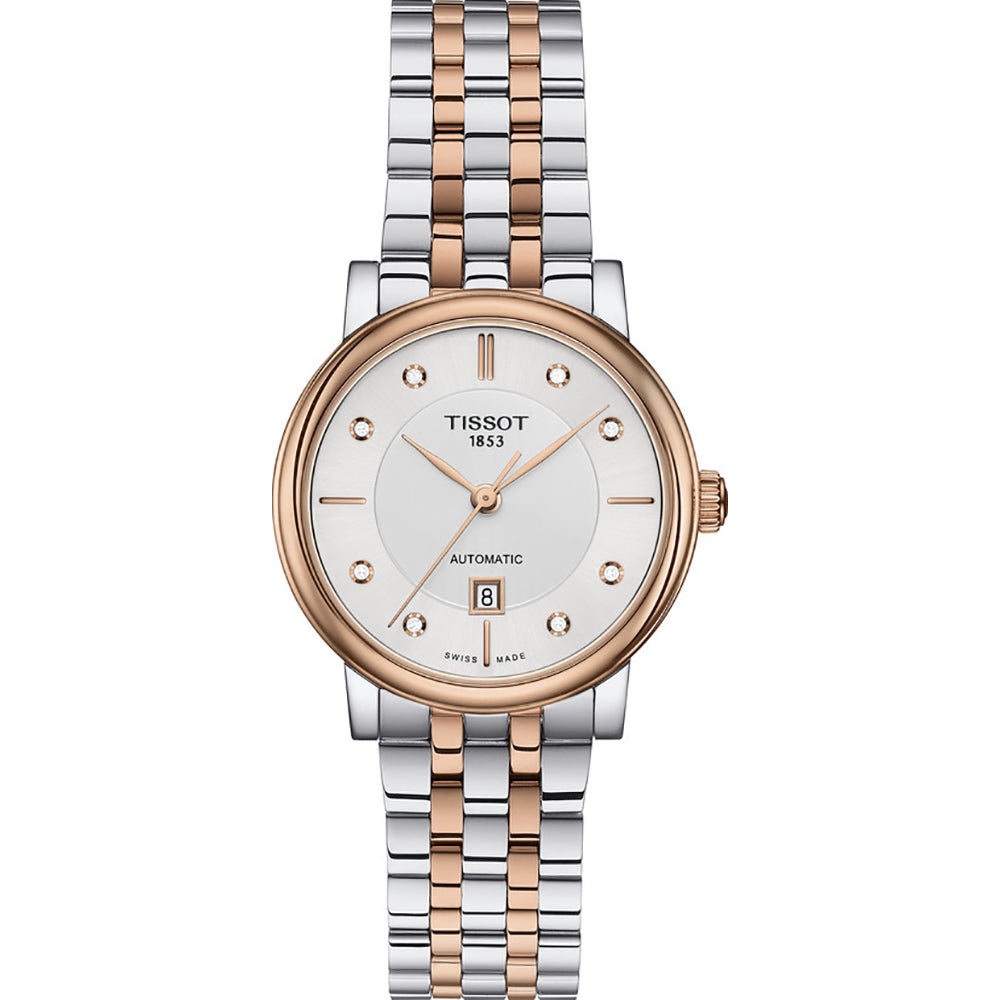 Reloj automático para dama con caja plateada y dorada, esfera blanca y brazalete de acero inoxidable.