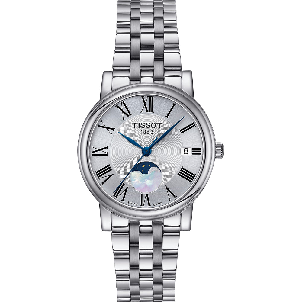 Reloj de mujer Tissot con esfera plateada, fase lunar, números romanos y correa de acero inoxidable.