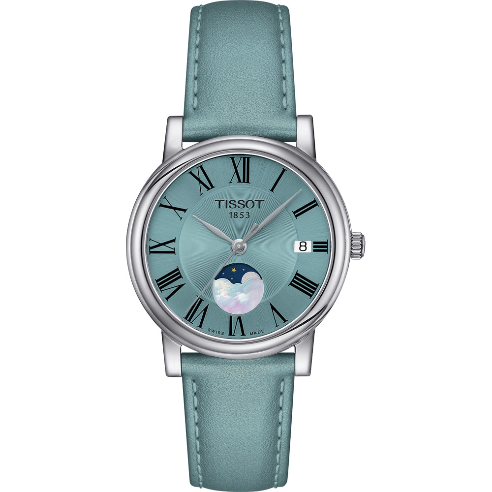 Reloj de mujer Tissot con esfera verde, números romanos, correa de cuero azul y fase lunar.