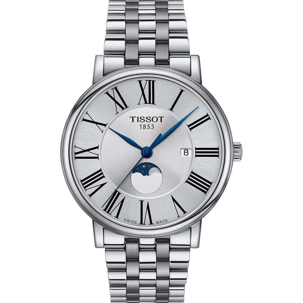 Reloj de acero inoxidable con esfera plateada, números romanos y fase lunar en la parte inferior.