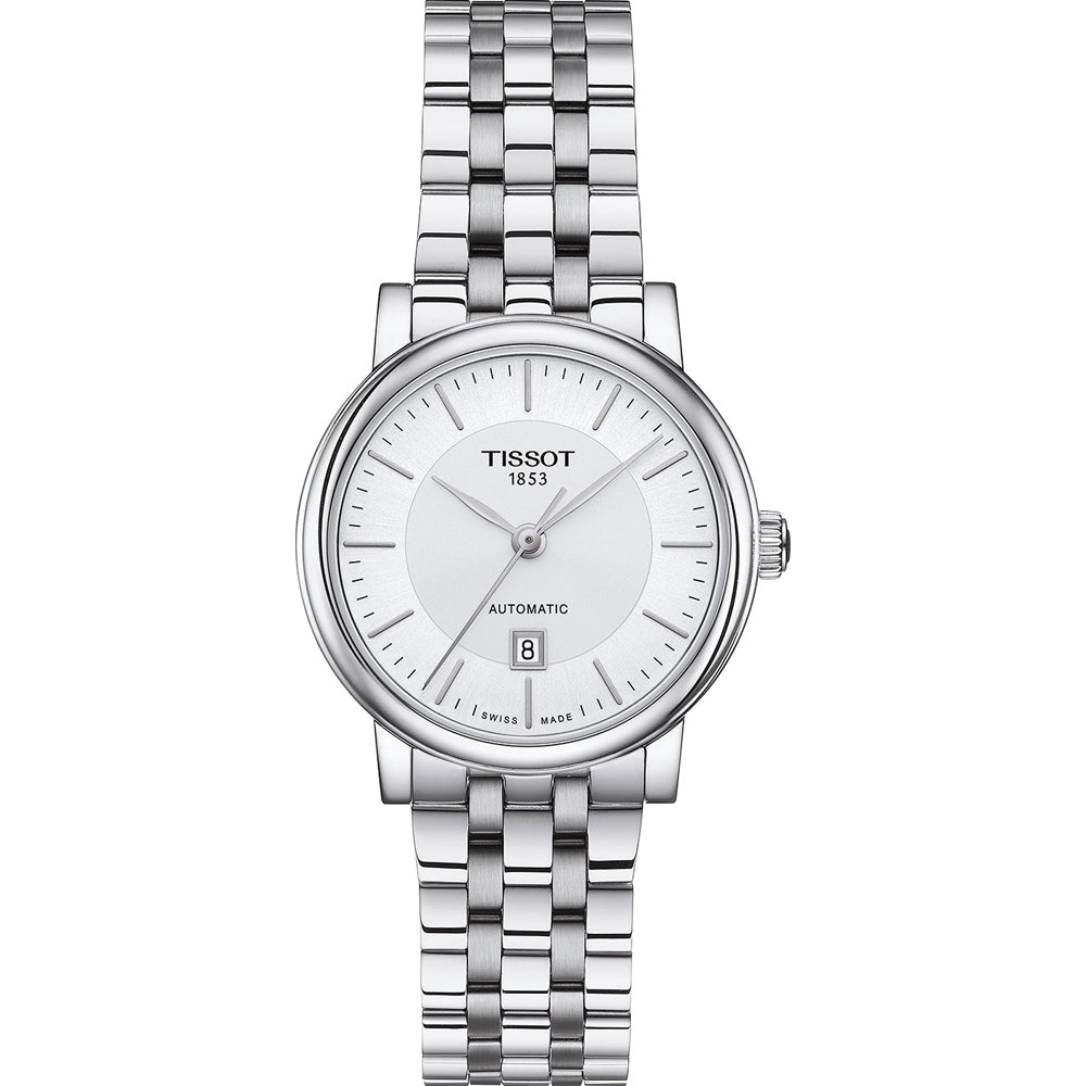 Reloj automático para dama Tissot con esfera plateada y correa de acero inoxidable.