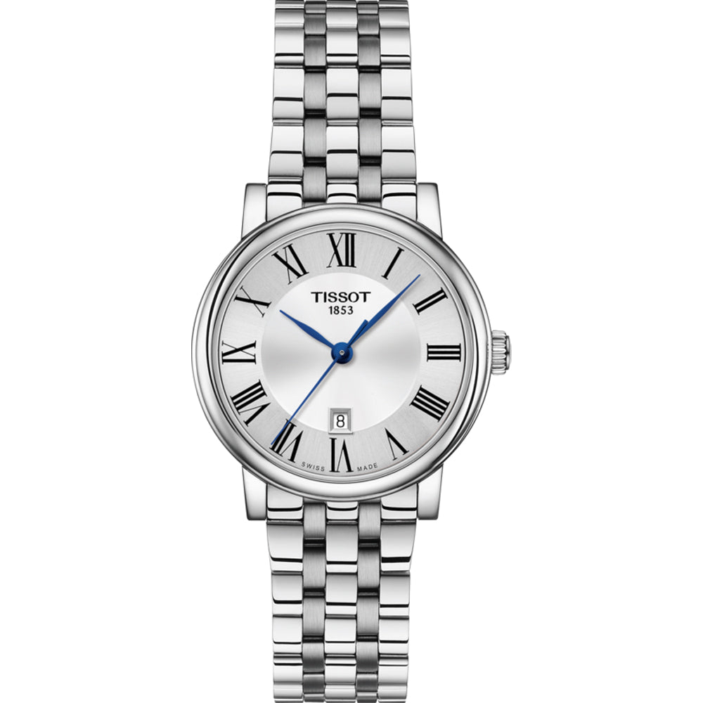 Reloj de acero inoxidable con esfera plateada, números romanos y correa de malla.