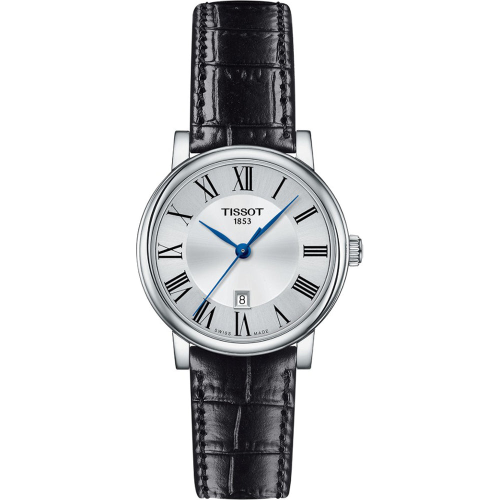 Reloj de mujer Tissot con esfera plateada, números romanos, correa de piel negra y detalles en azul.