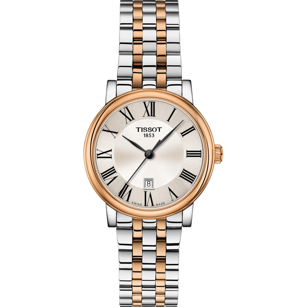 Reloj de mujer Tissot con esfera plateada, números romanos, caja bicolor y correa de acero inoxidable.