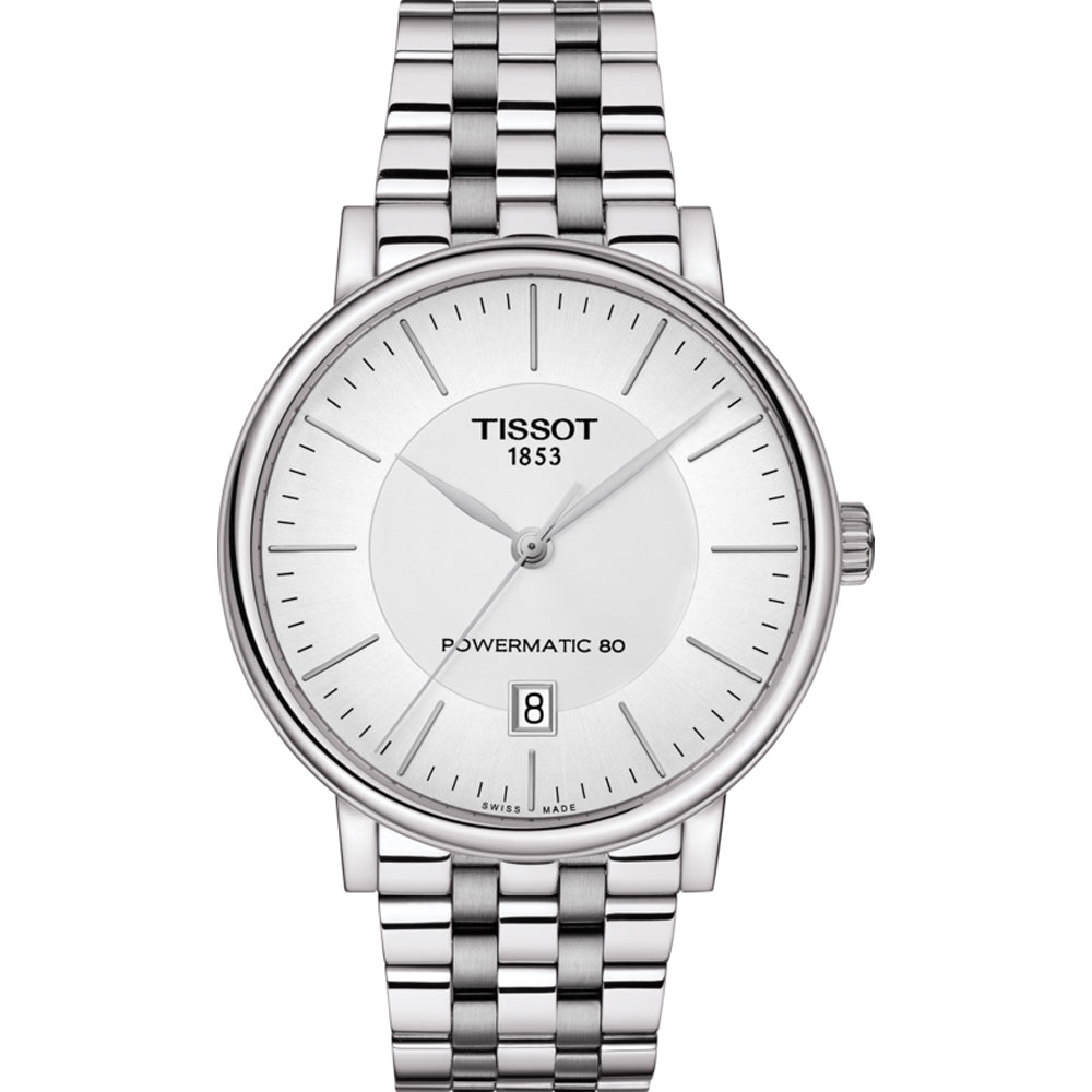 Reloj Tissot con esfera blanca, caja de acero inoxidable y correa de acero trenzado.