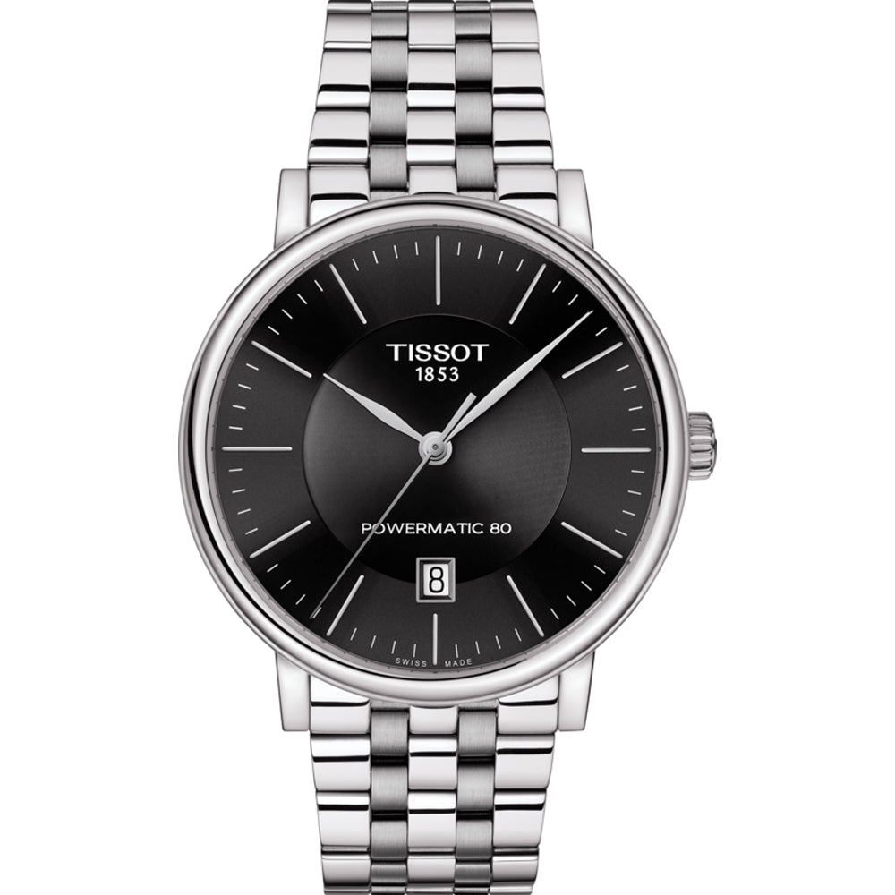 Reloj Tissot Carson Premium con esfera negra, caja de acero inoxidable y correa de malla.
